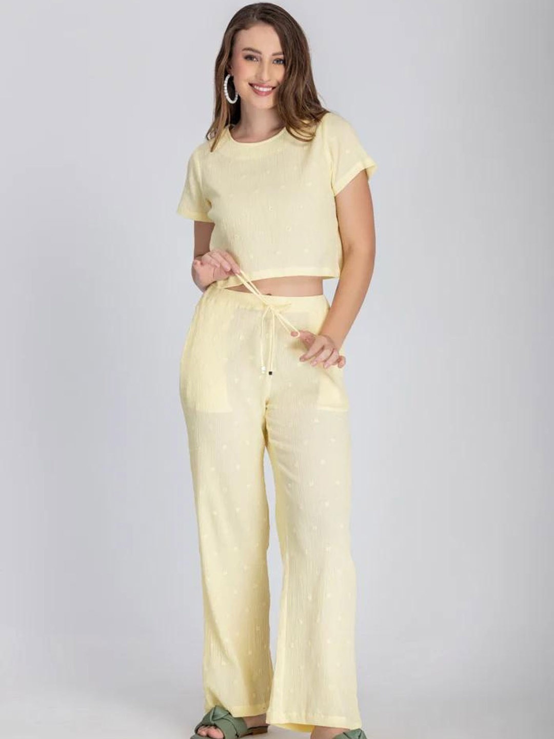 

DESIGNS BY QUEEN BEE Self Design Pure Cotton Crop Top & Trousers, Yellow