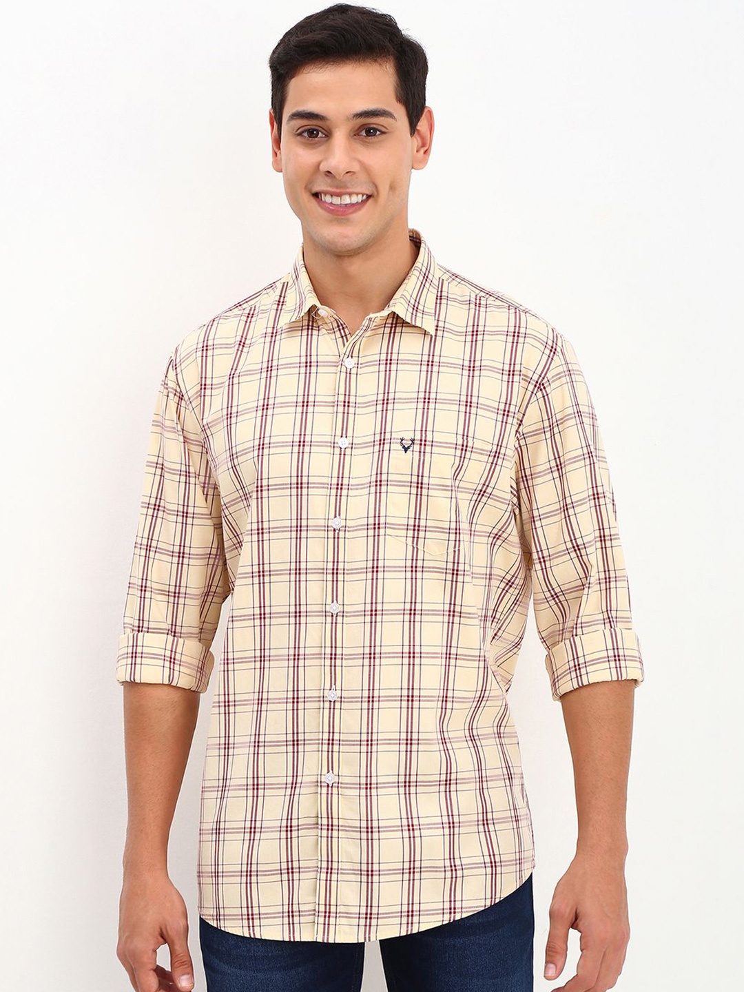 

Allen Solly Men Spread Collar Tartan Checked Cotton Slim Fit Casual Shirt, Beige