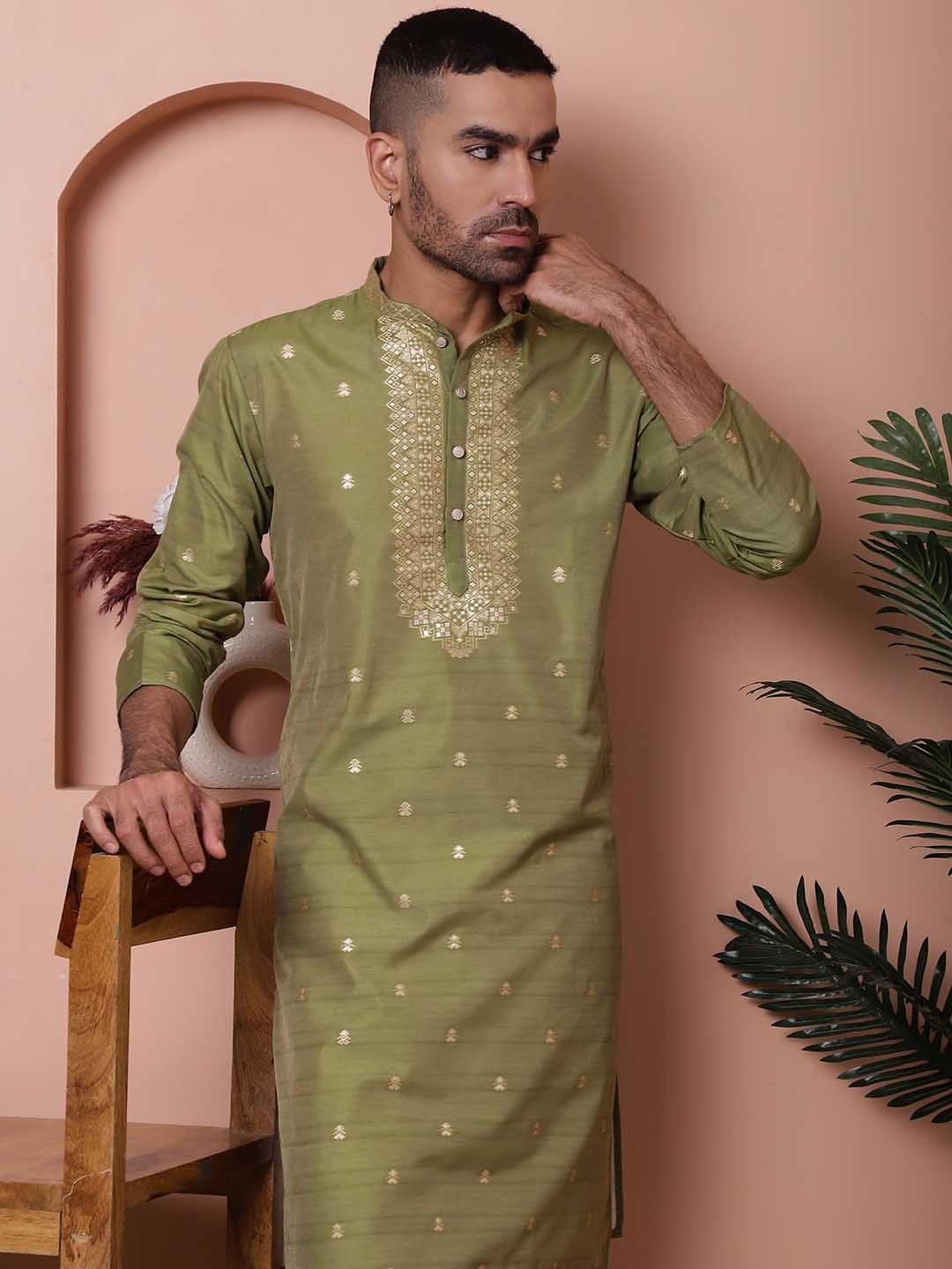 

Jompers Ethnic Motifs Printed Regular Zardozi Kurta with Pyjamas, Olive