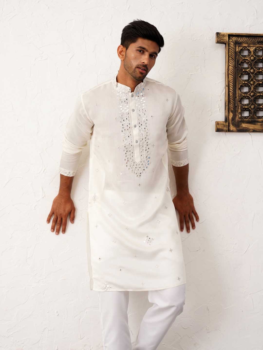 

Jompers Embroidered Mandarin Collar Mirror Work Straight Kurta with Pyjamas, White