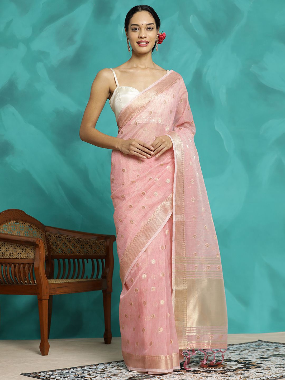 

Jaipur Kurti Party Wear Banarasi Organza Saree, Pink