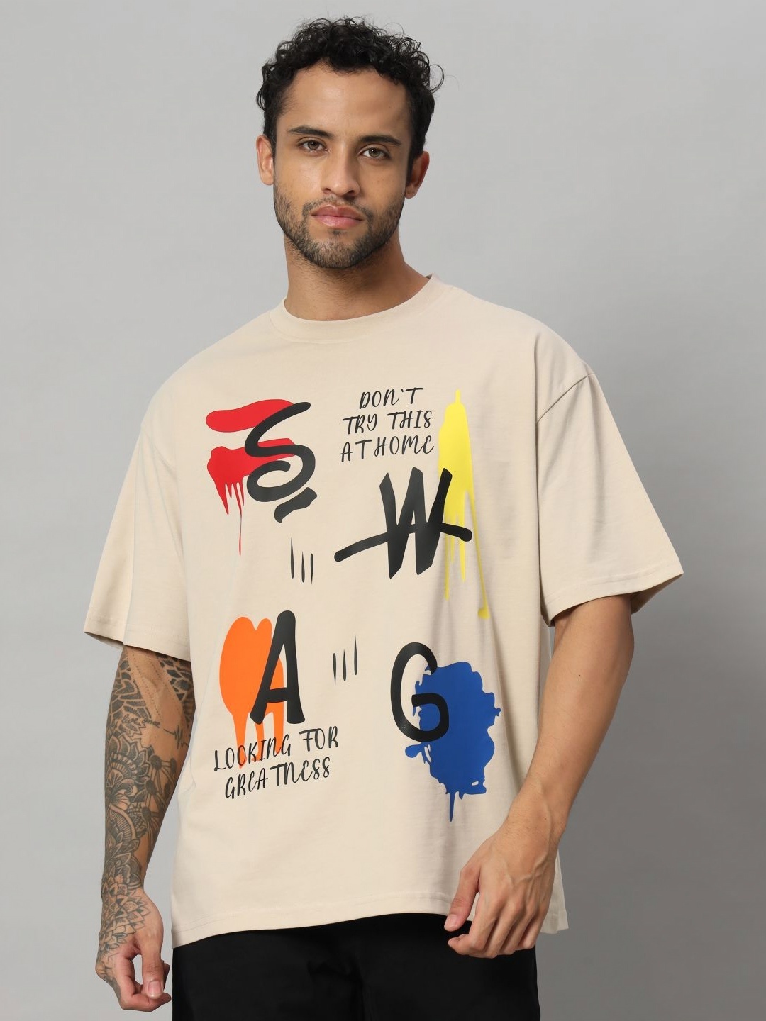 

SWAGNOX Men Printed Drop-Shoulder Sleeves T-shirt, Beige