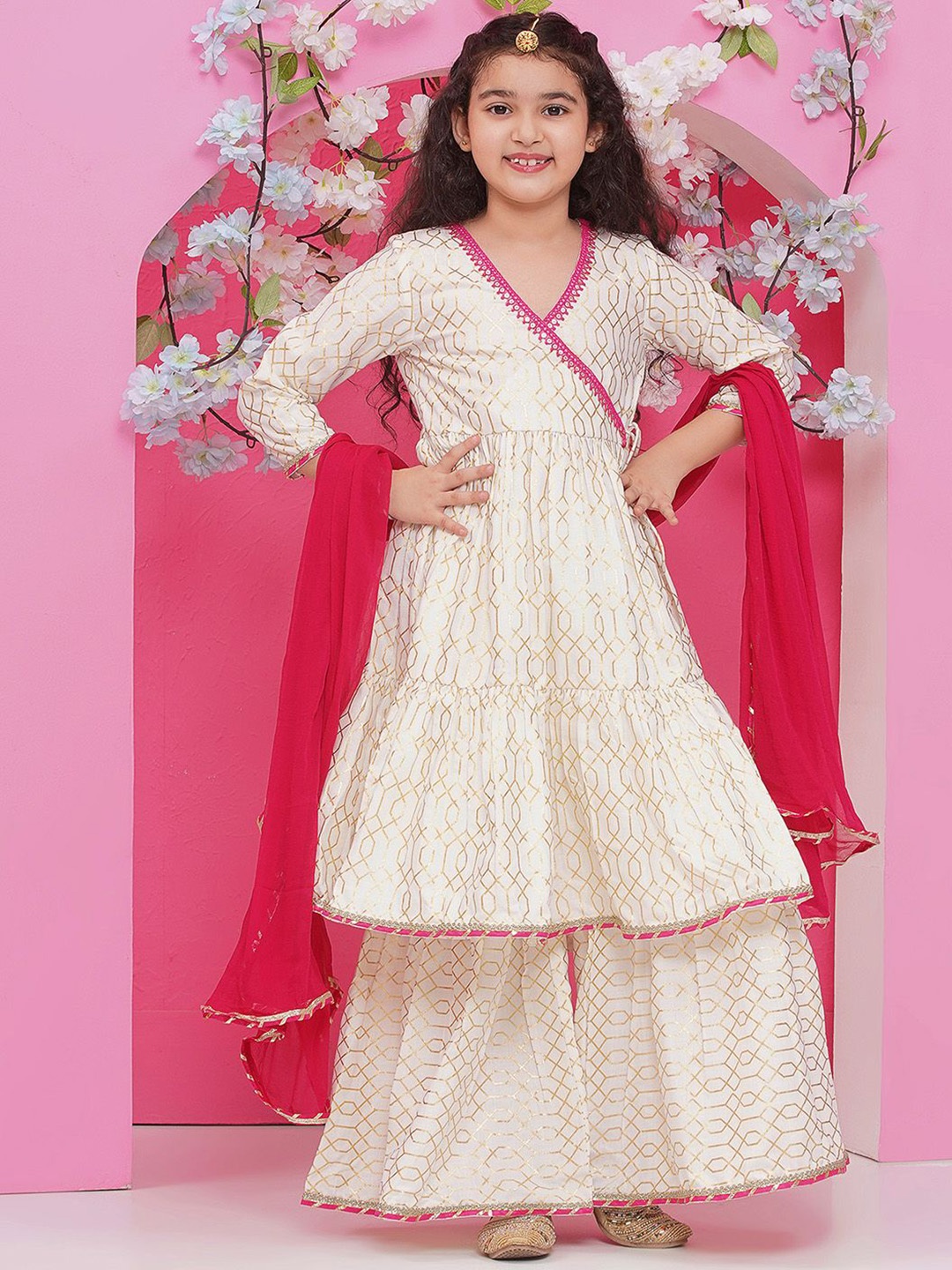 

Bitiya by Bhama Girls Printed Angrakha Gotta Patti Pure Cotton Kurta with Sharara & With Dupatta, Off white