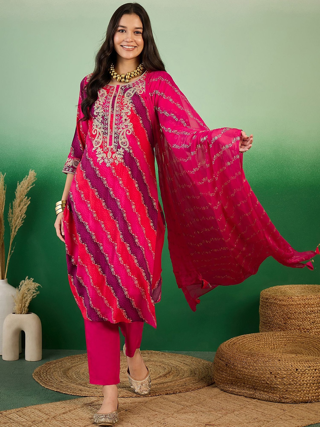

Anouk Leheriya Printed Thread Work Pure Cotton Straight Kurta with Trousers & Dupatta, Pink