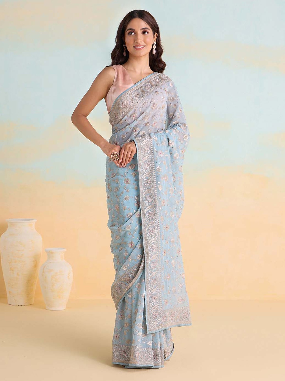 

Likha Floral Embroidered Saree With Blouse Piece, Blue