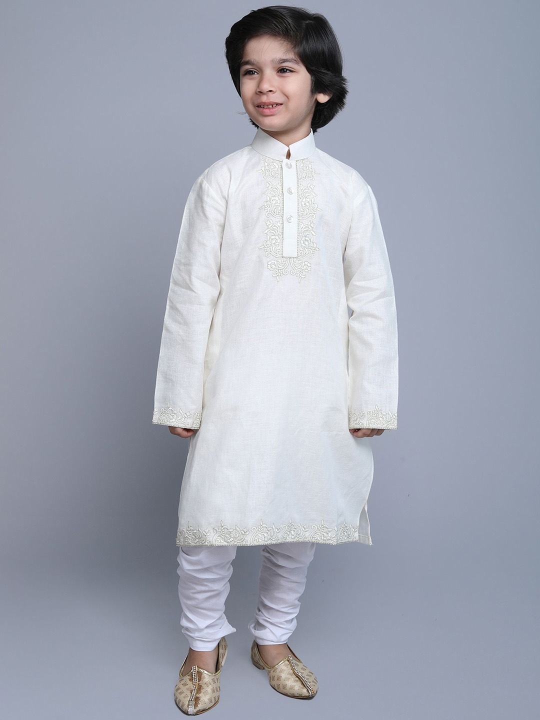 

Little Clothings Boys Floral Embroidered Regular Thread Work Linen Kurta With Churidar, Off white