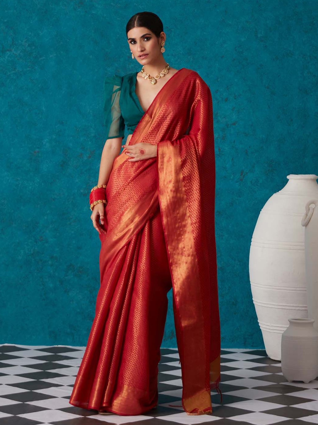 

Likha Woven Design Zari Bhagalpuri Saree, Red