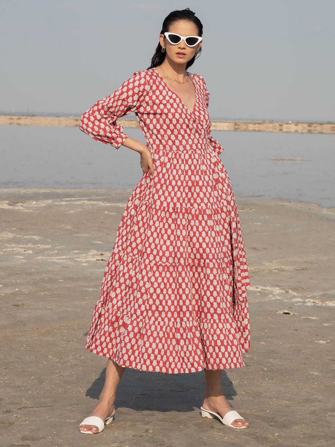 

MARCHE Floral Printed Puff Sleeve Wrap Midi Dress, Red