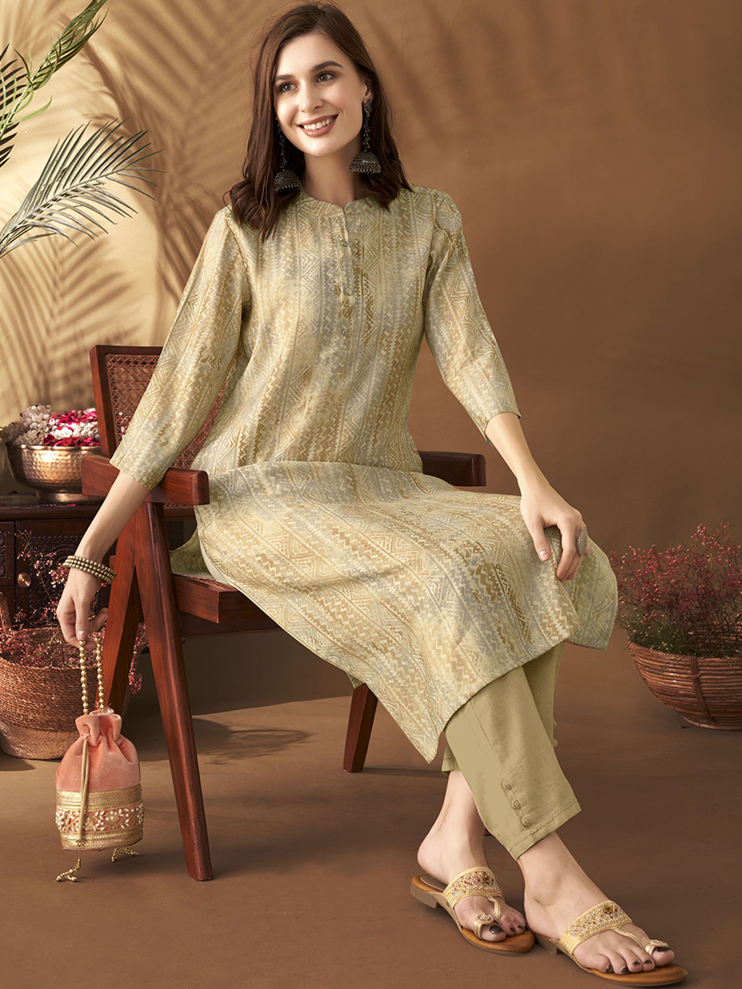 

Anouk Beige Tribal Printed Mandarin Collar Chanderi Silk Straight Kurta
