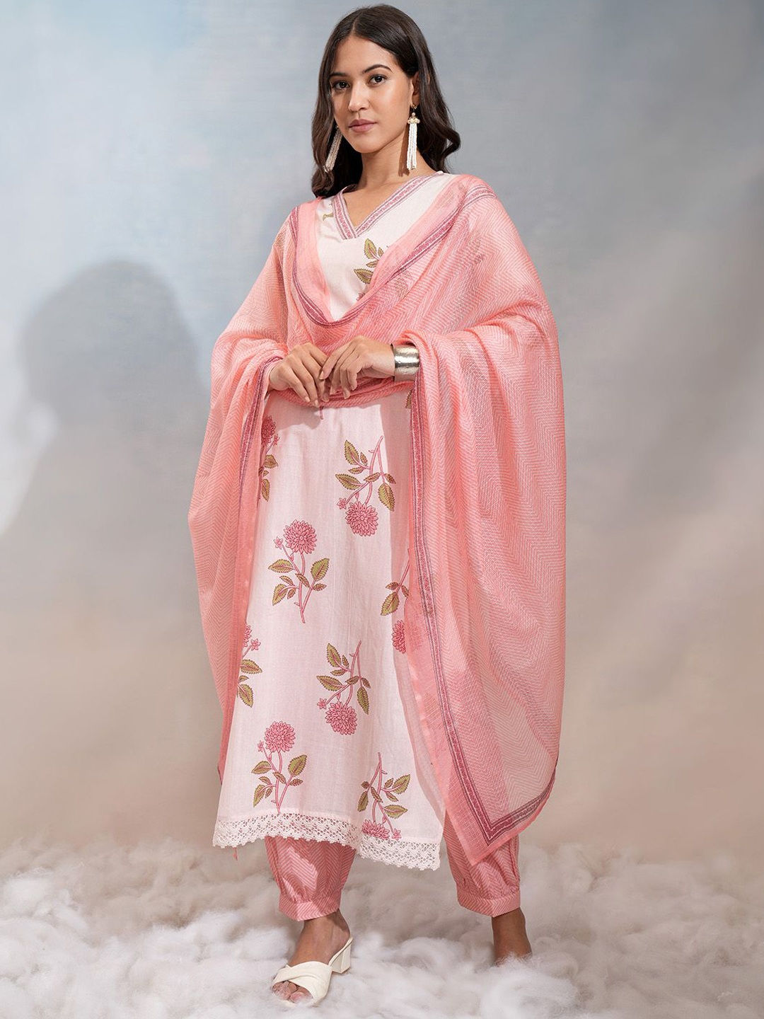 

Vishudh Pink Floral Printed V-Neck Pure Cotton Kurta With Salwar & Dupatta