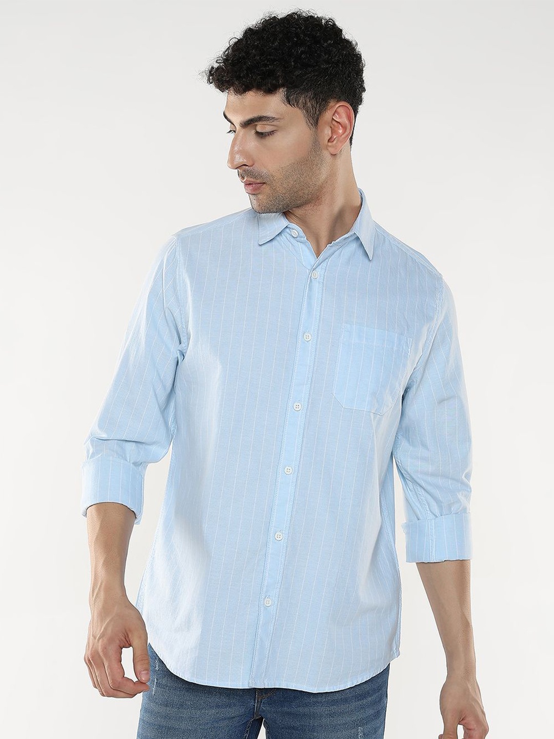 

R&B Men Spread Collar Solid Cotton Casual Shirt, Blue