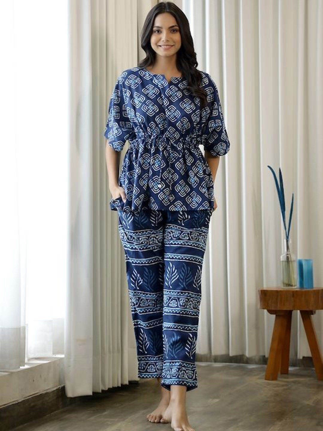 

VIRICA Ethnic Motifs Printed Night Suit, Blue