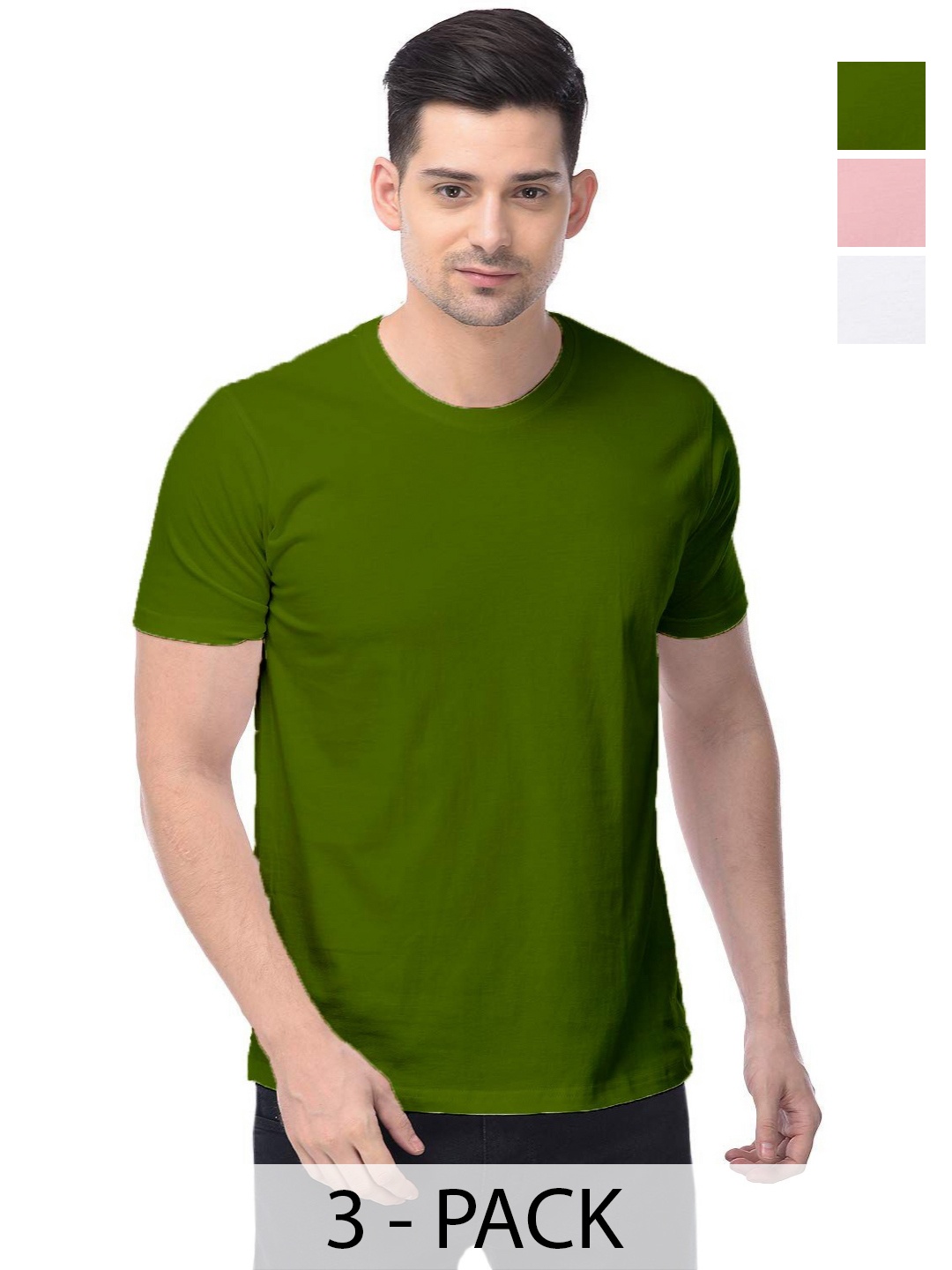 

COLOR CAPITAL Unisex Pack Of 3 Solid Round Neck Cotton T-shirts, Green