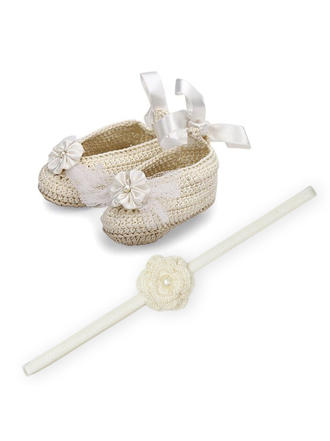 

FUNKRAFTS Girls Handmade Crochet Acrylic Booties with Headband, Off white
