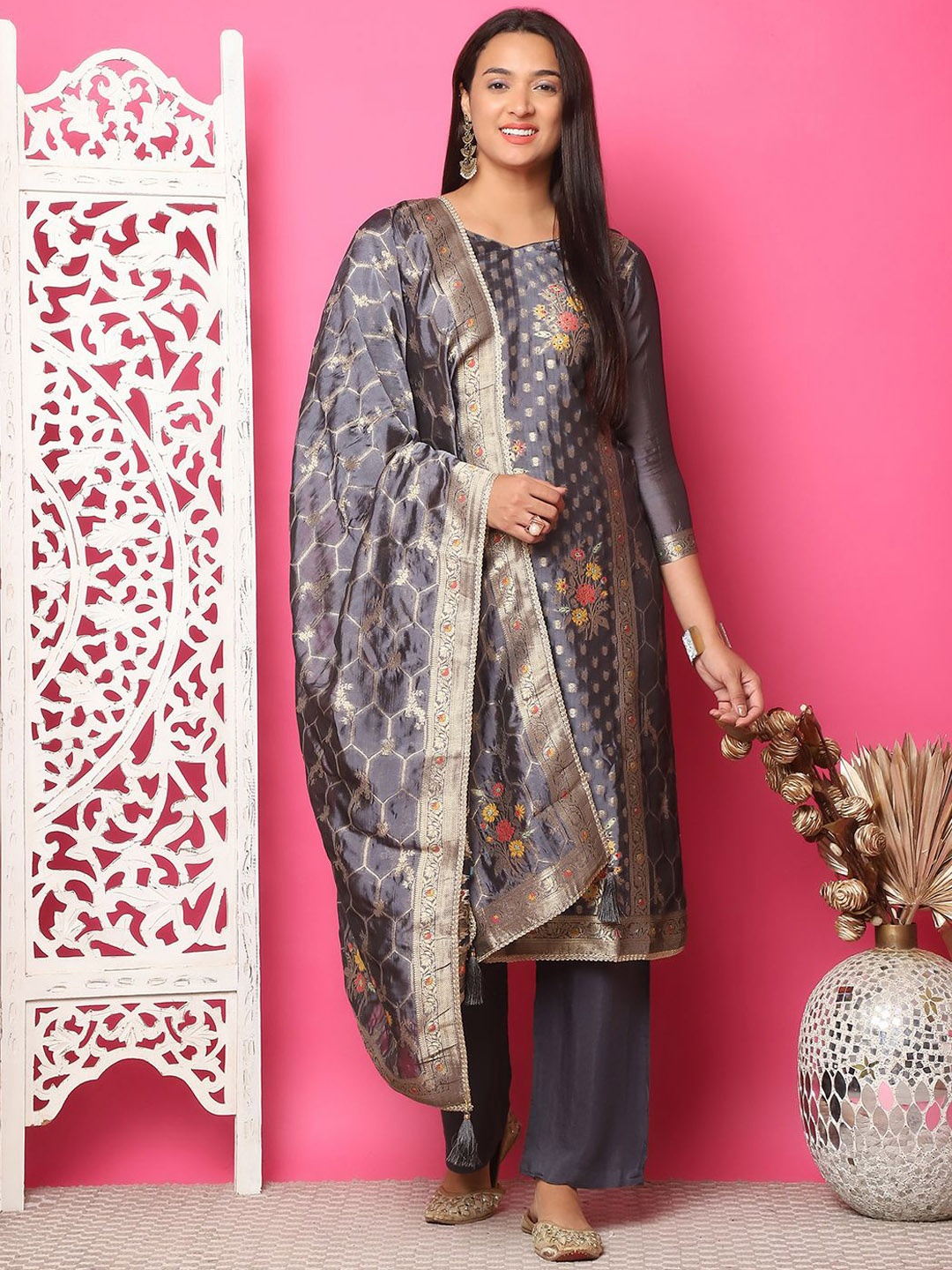 

Stylee LIFESTYLE Ethnic Motifs Woven Design Zari Silk Jacquard Unstitched Dress Material, Grey