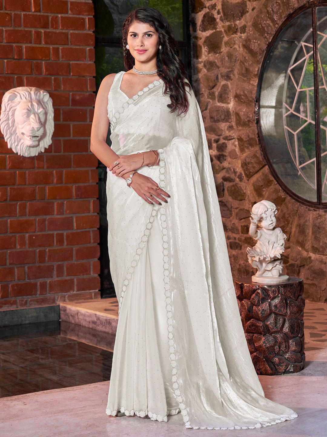 

Anouk Polka Dot Beads and Stones Embellished Satin Designer Saree, Off white