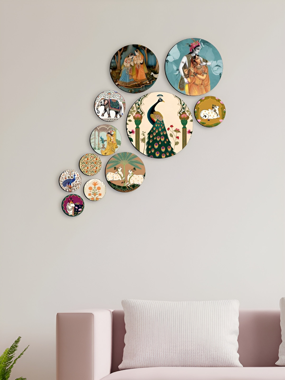 

CLAWCRAFTS Beige and Green 11 Pieces Ethnic Motifs Inspired Wooden Wall Plates