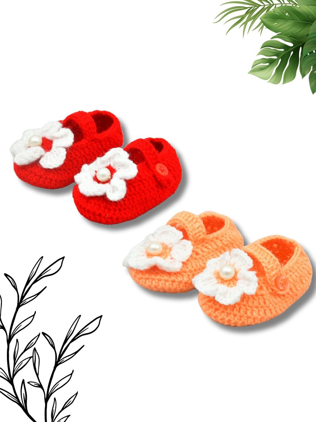 

FUNKRAFTS Pack of 2 Woollen Crochet Baby Girl Infant Booties, Red