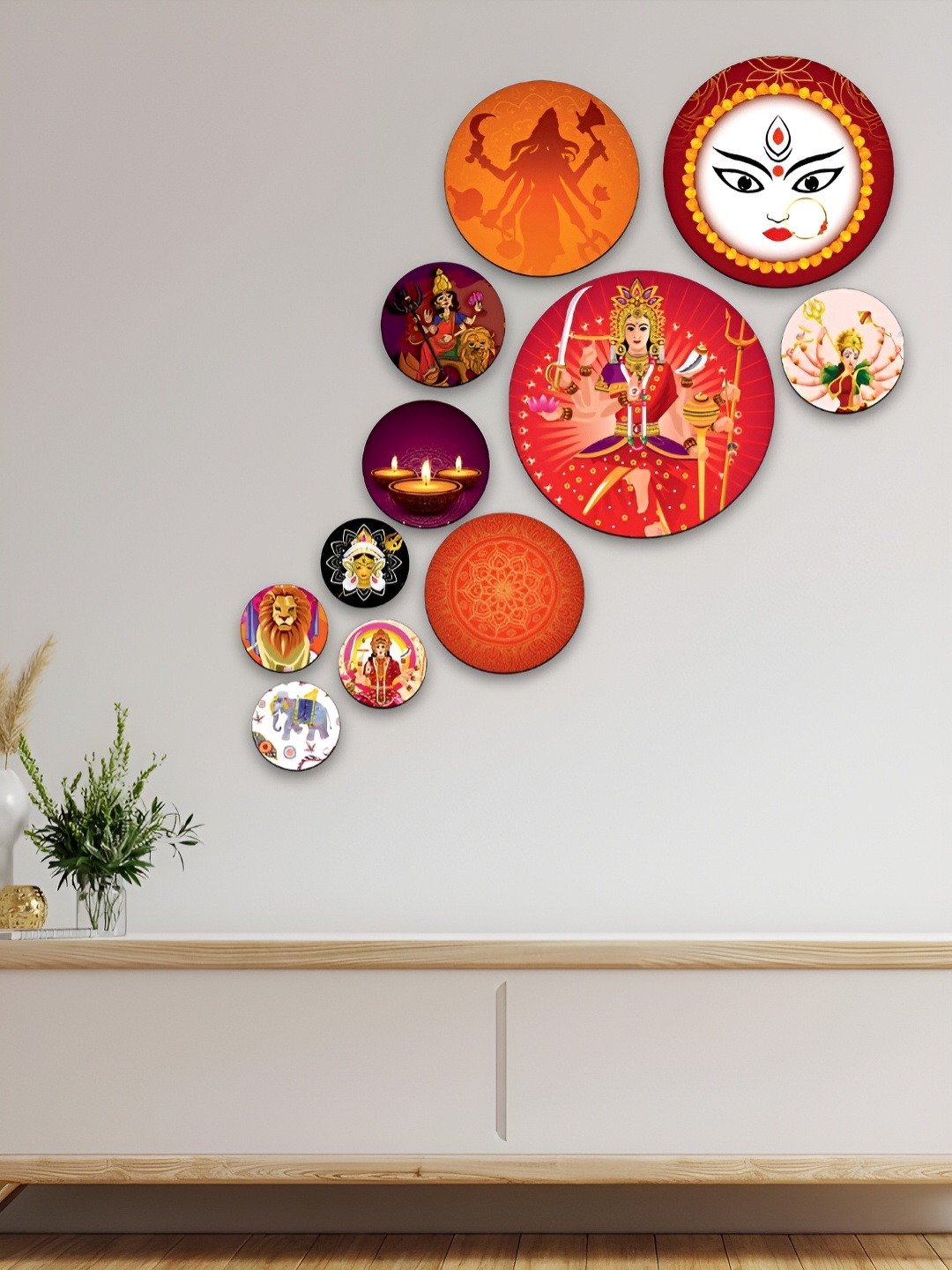 

CLAWCRAFTS Red and Orange Colored 11 Pieces Goddess Durga Inspired Wooden Wall Plates