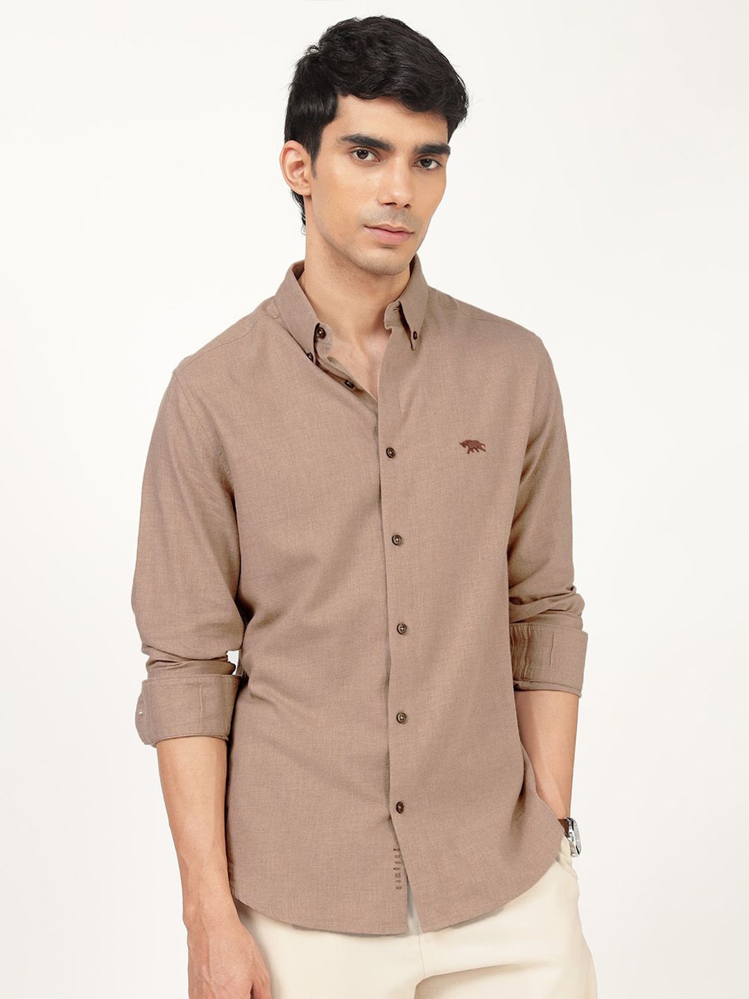 

Andamen Men Premium Button-Down Collar Solid Cotton Casual Shirt, Khaki