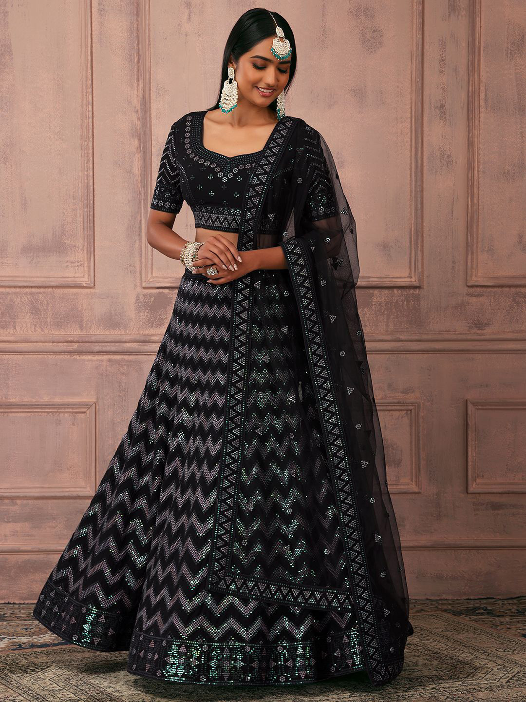 

Indya Luxe Floral Embellished Sequinned Ready to Wear Lehenga & Blouse With Dupatta, Black