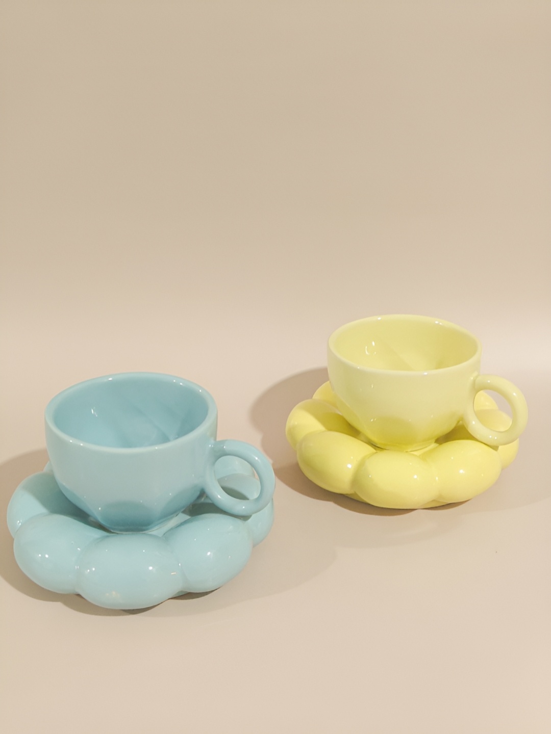 

One Posh Home Yellow & Blue 4 Pieces Glossy Stoneware Ceramic Cup and Saucer 220ML