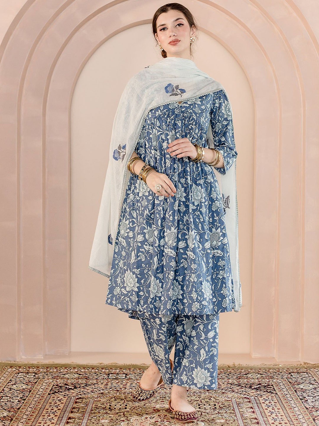 

GulaboJaipur Floral Printed Pleated Pure Cotton Kurta with Pyjamas & Dupatta, Blue