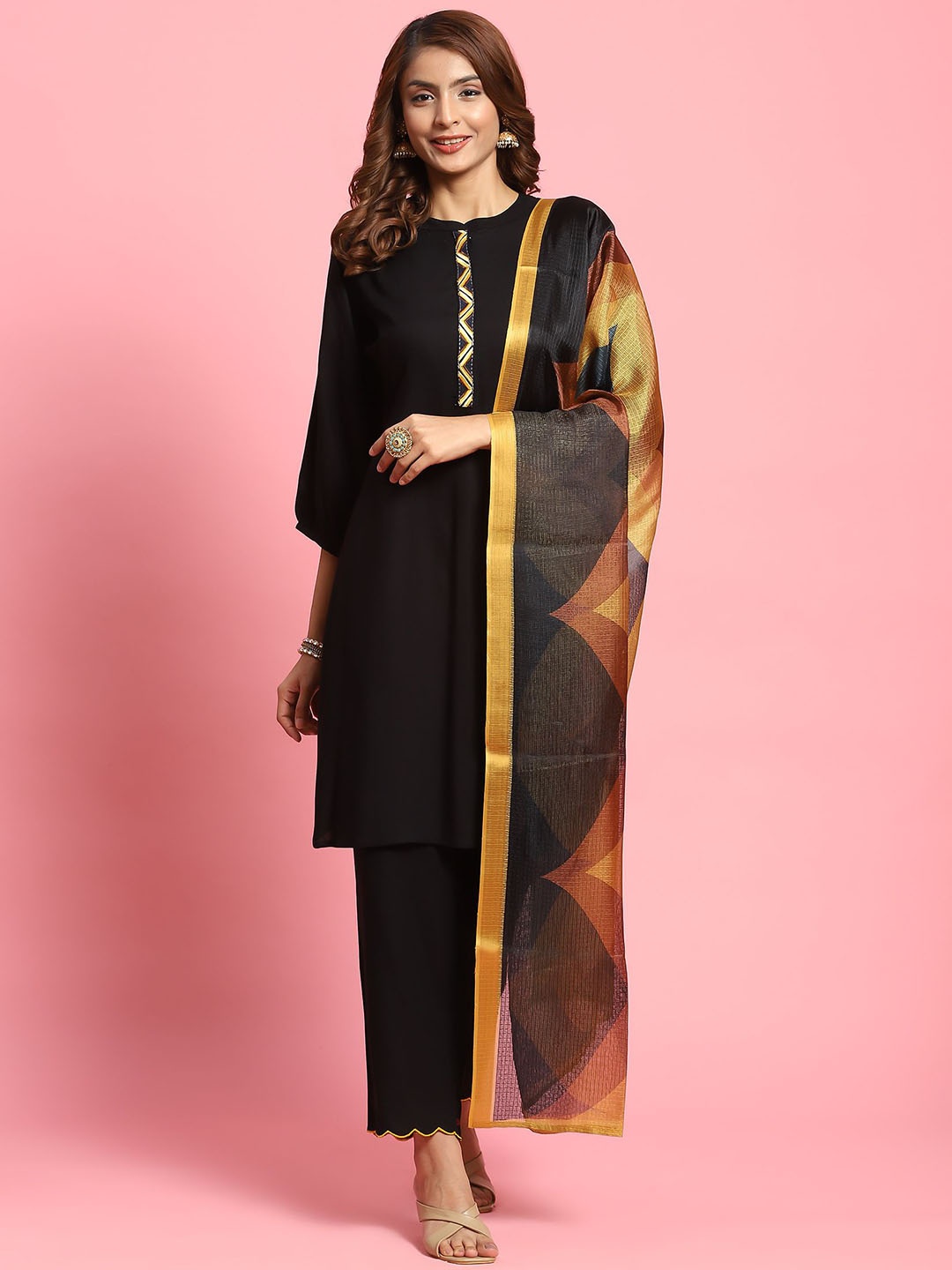 

Shree Mandarin Collar Straight Kurta with Trousers & Dupatta, Black