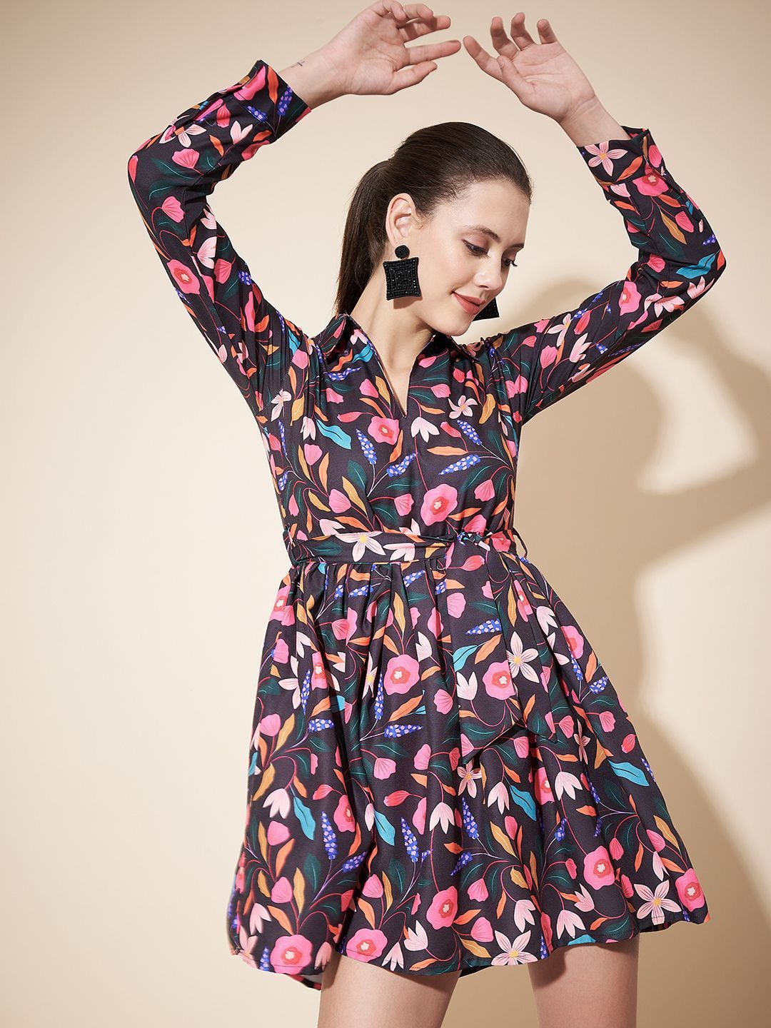 

KALINI Floral Print Fit & Flare Mini Dress, Black