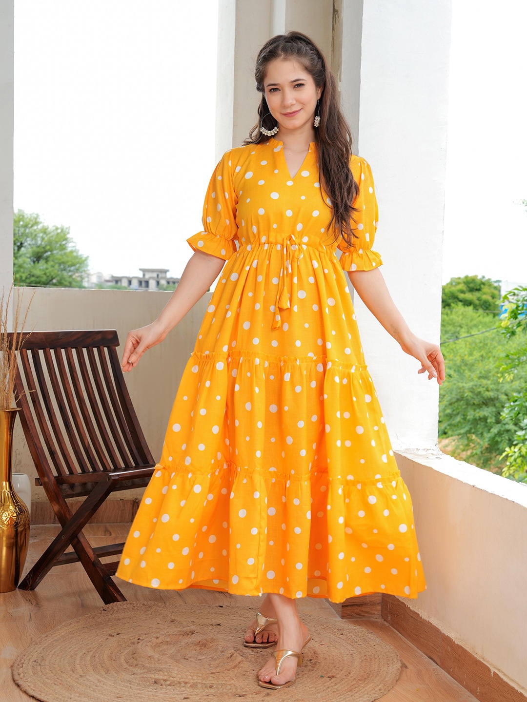 

RIITIH Polka Dot Puff Sleeve Fit & Flare Maxi Dress, Yellow