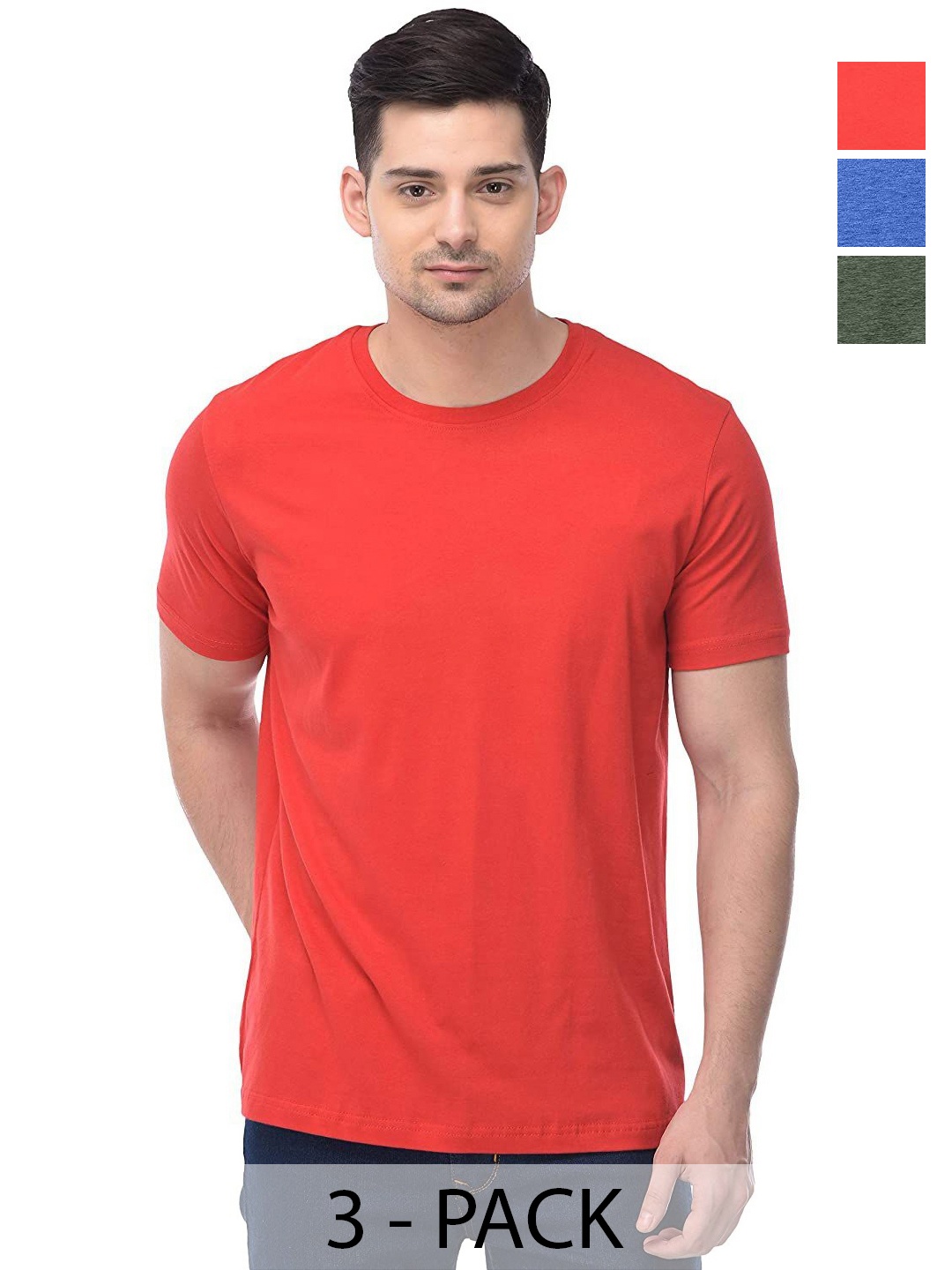 

COLOR CAPITAL Unisex Pack Of 3 Solid Round Neck Cotton T-shirts, Red