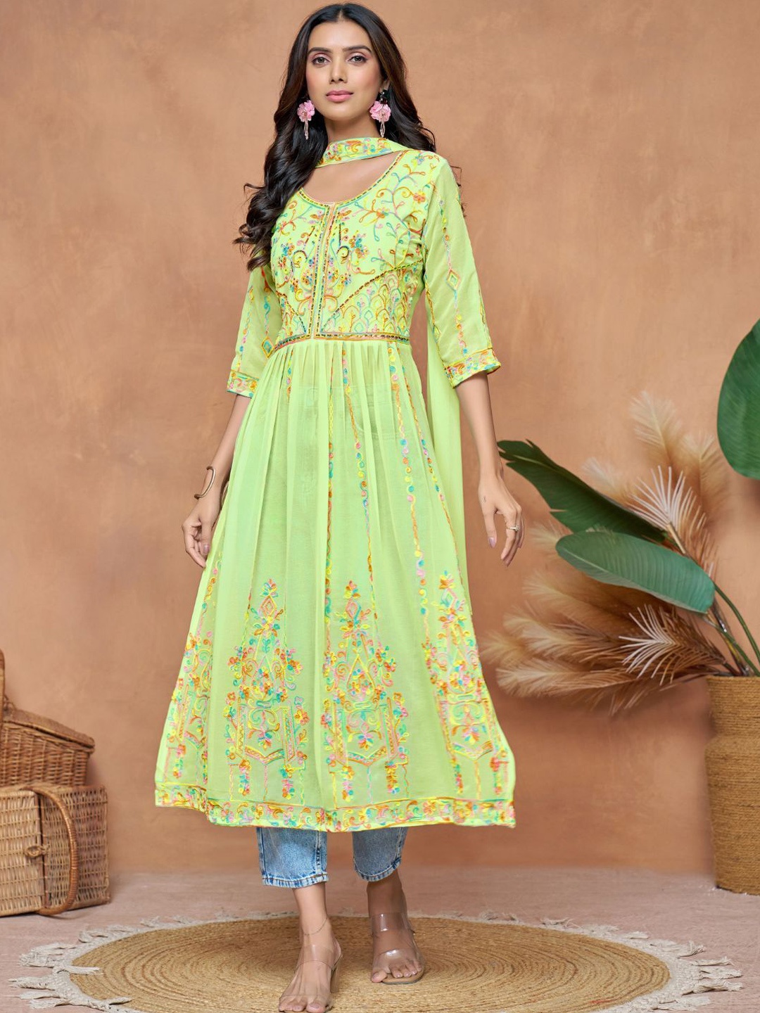 

Sangria Ethnic Motifs Embroidered Thread Work A-Line Kurta And Trouser With Dupatta, Green