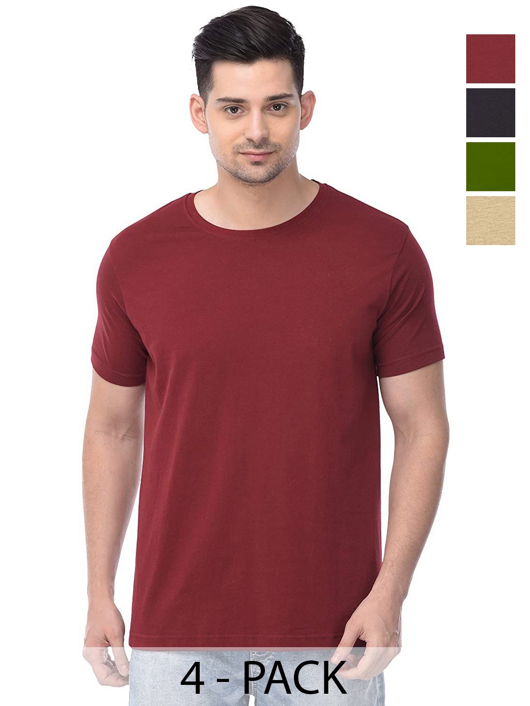 

COLOR CAPITAL Unisex Pack Of 4 Solid Round Neck Cotton T-shirts, Maroon