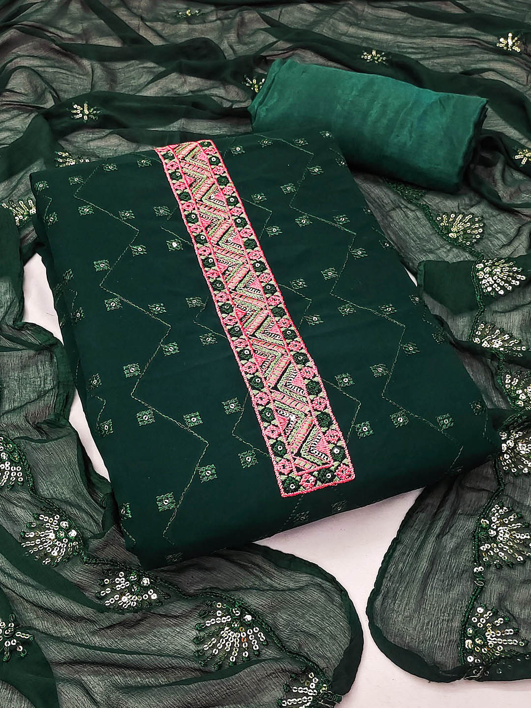 

MANVAA Floral Embellished Sequinned Georgette Unstitched Dress Material, Green