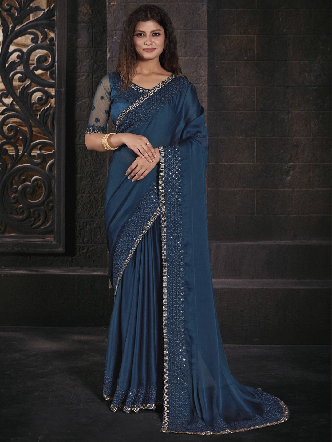 

Anouk Floral Beads and Stones Pure Chiffon Designer Saree, Teal