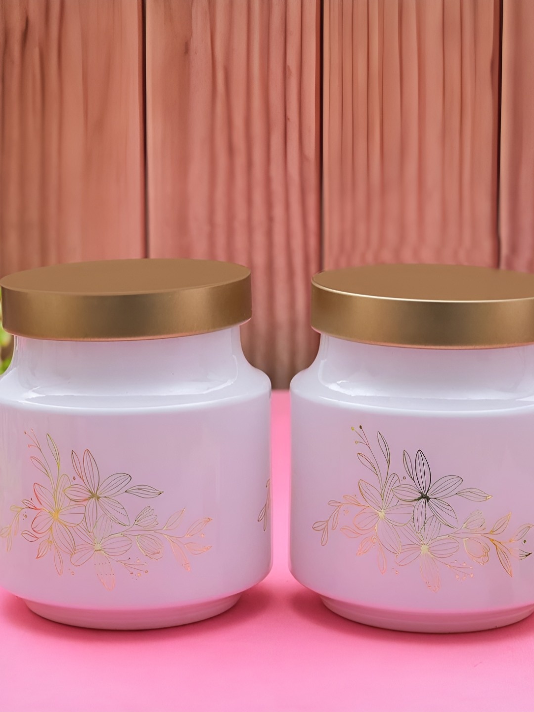 

CROCO JAR White and GoldToned 2Pieces Printed Storage Glass Jars 600 ml each