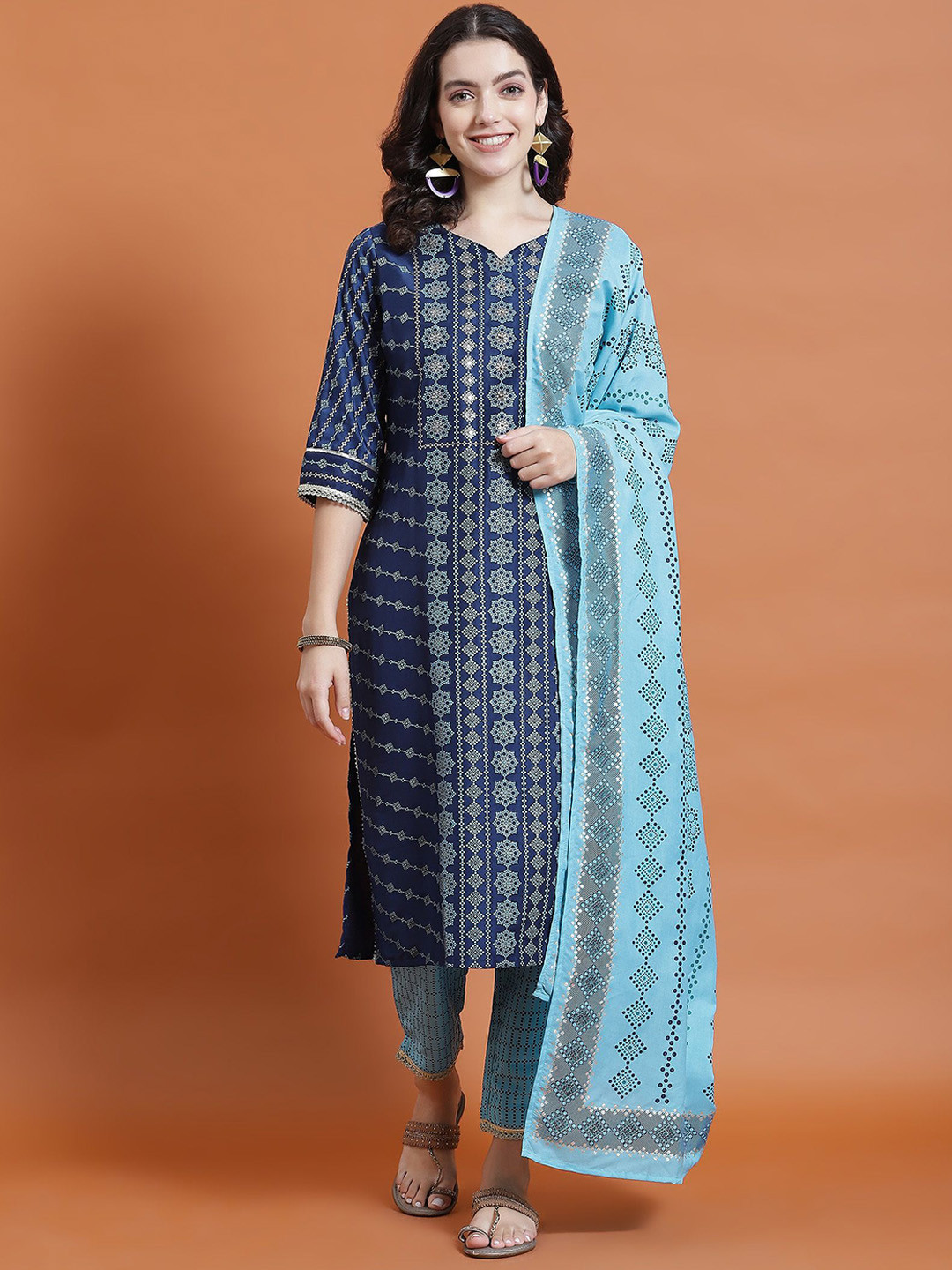 

Shree Ethnic Motifs Printed Straight Liva Kurta & Trousers With Dupatta, Navy blue