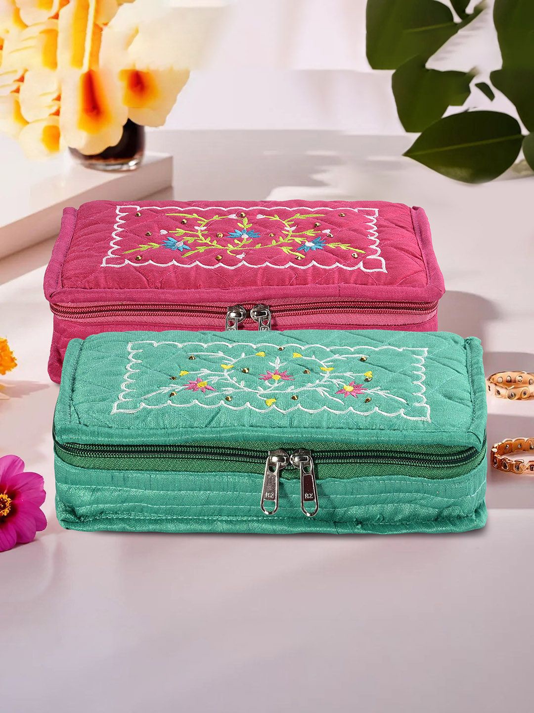 

Kuber Industries Pink & Green 2 Pieces Embroidered Jewellery Organisers