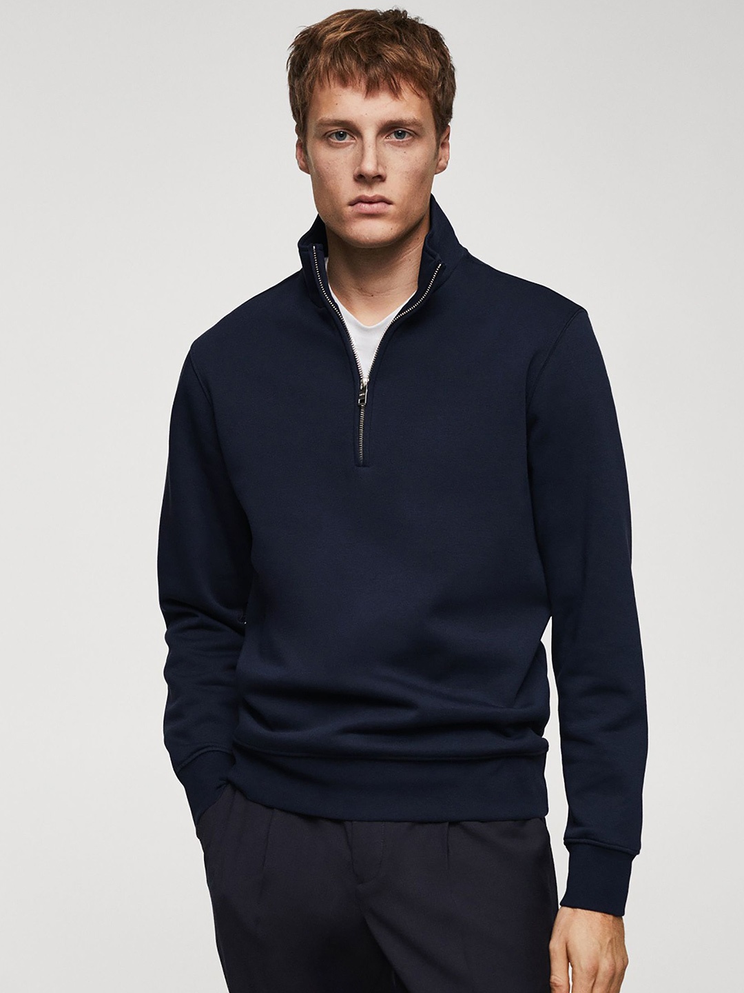 

MISCHIEF MONKEY Men Solid Mock Collar Sweatshirt, Navy blue