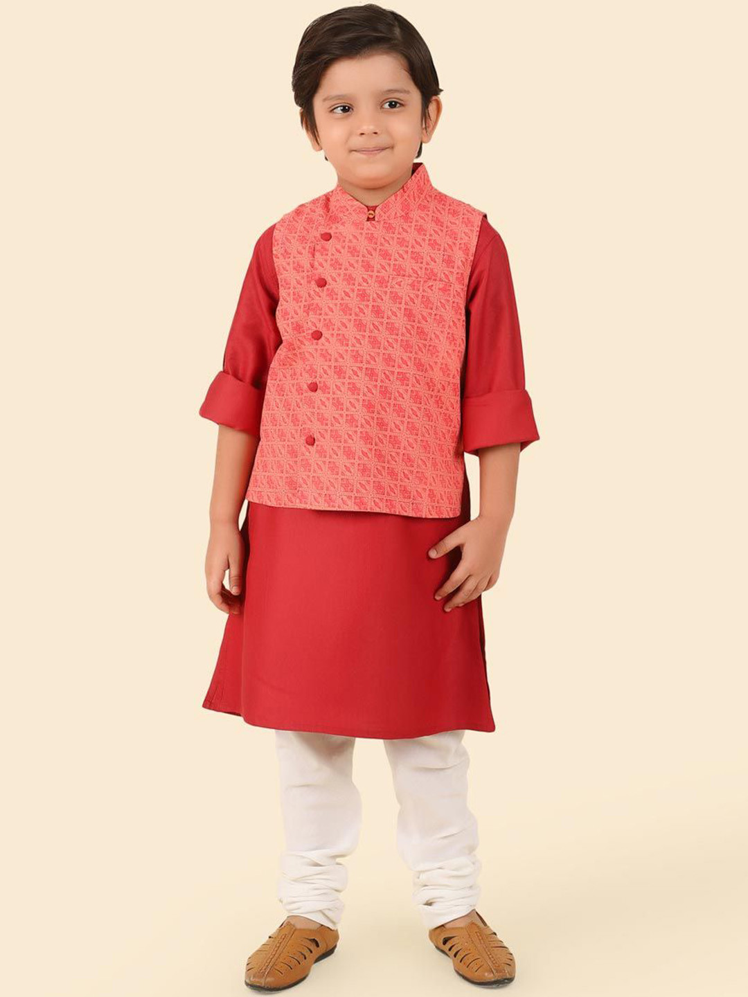 

Fabindia Boys Straight Kurta with Churidar, Red