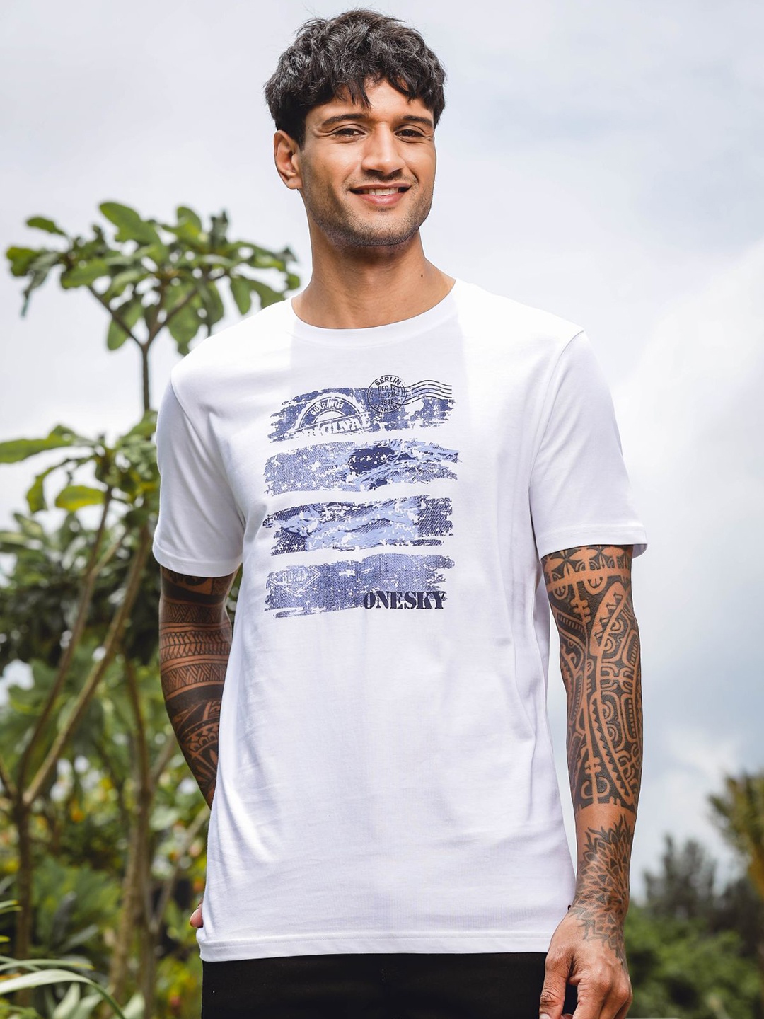 

ONE SKY Men Graphic Printed Round Neck Cotton T-shirt, White