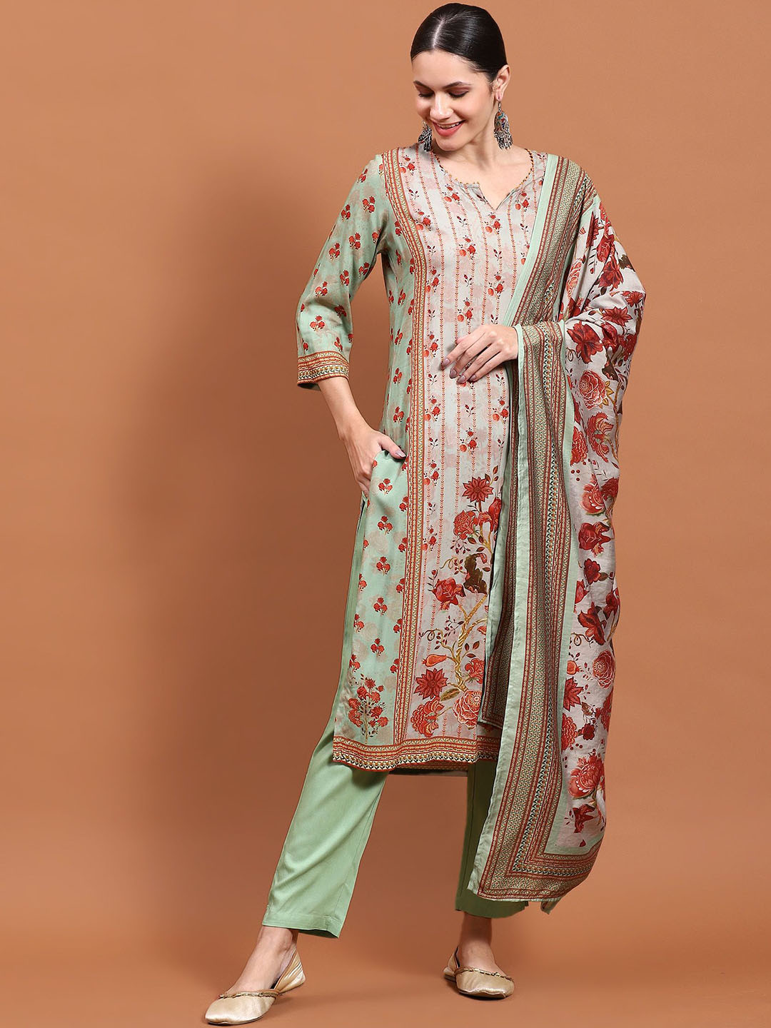 

Shree Floral Printed Liva Straight Kurta & Trousers With Dupatta, Green