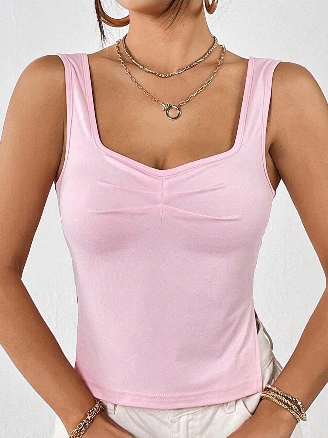 

StyleCast Women Solid Shoulder Straps Cotton Top, Pink