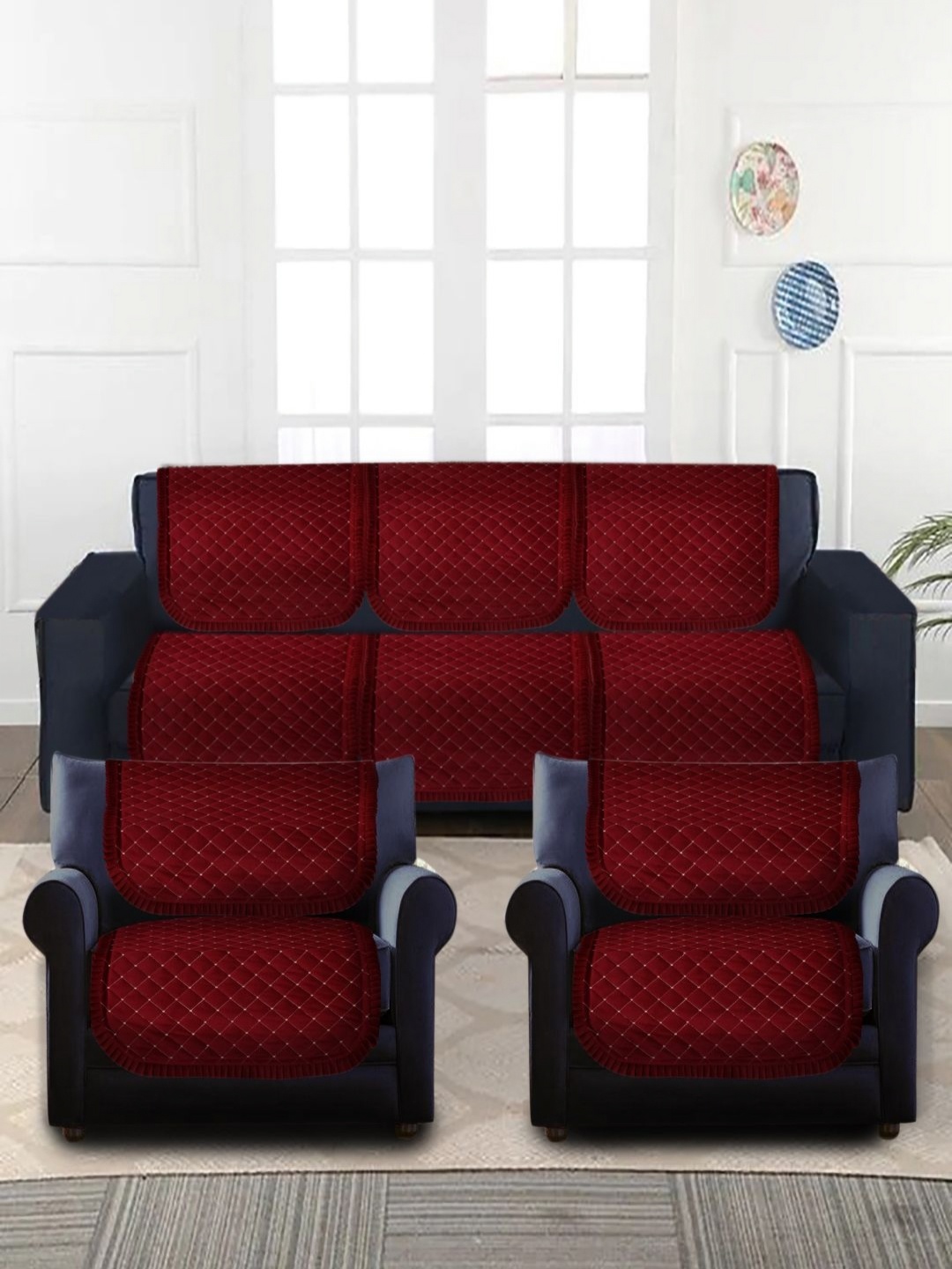 

MULTITEX Maroon 6 Pieces Self Design 5 Seater Velvet Sofa Cover