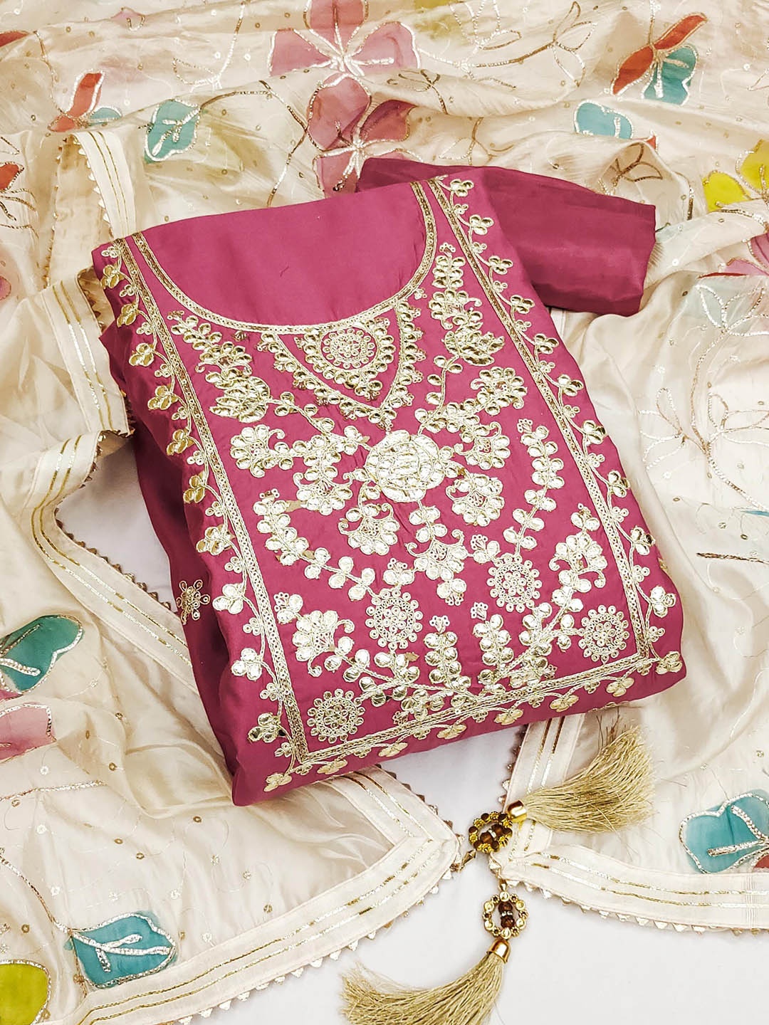 

MANVAA Floral Embroidered Sequinned Unstitched Dress Material, Pink