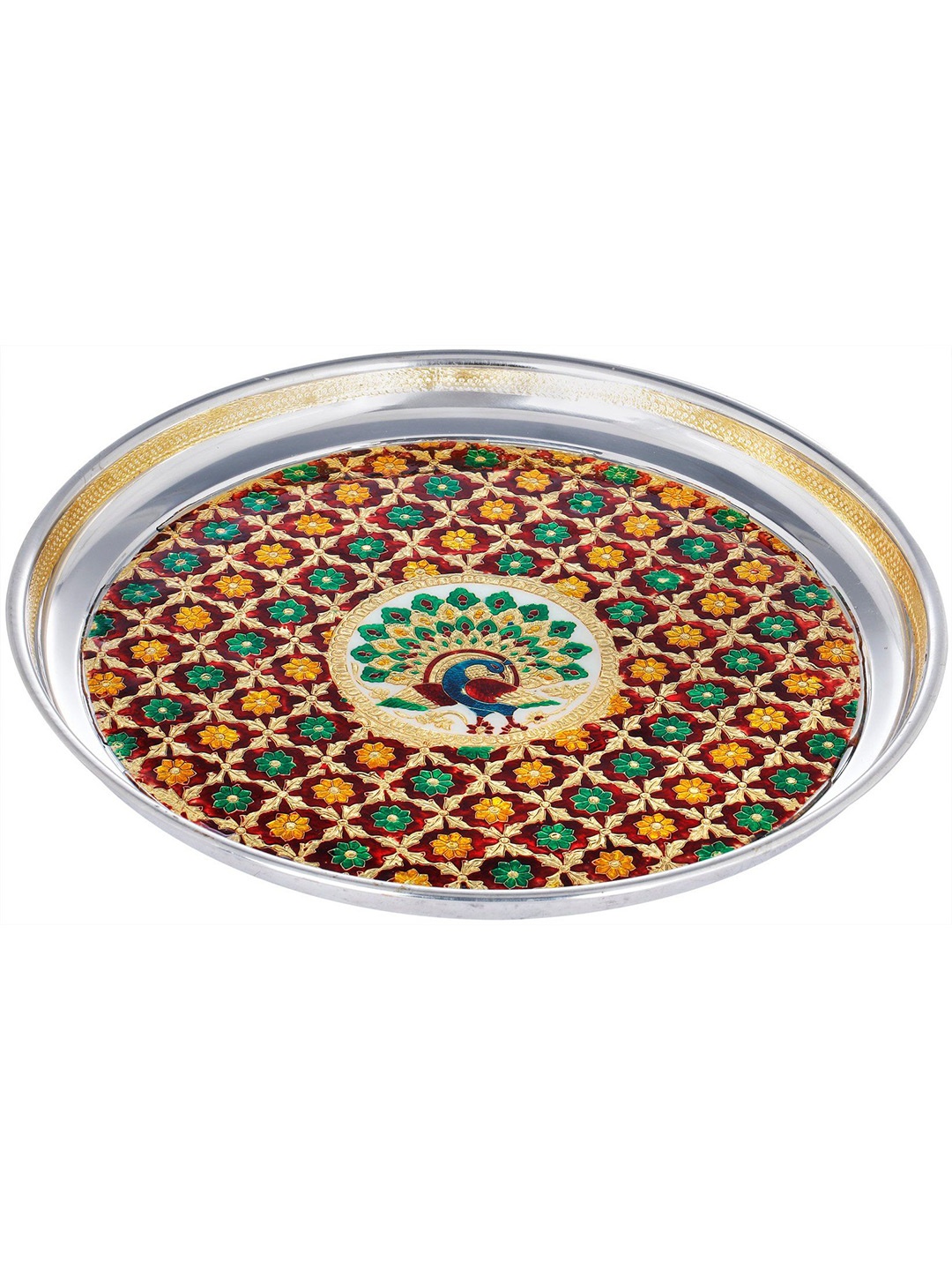 

Exotic India Peacock Puja Thali, Silver