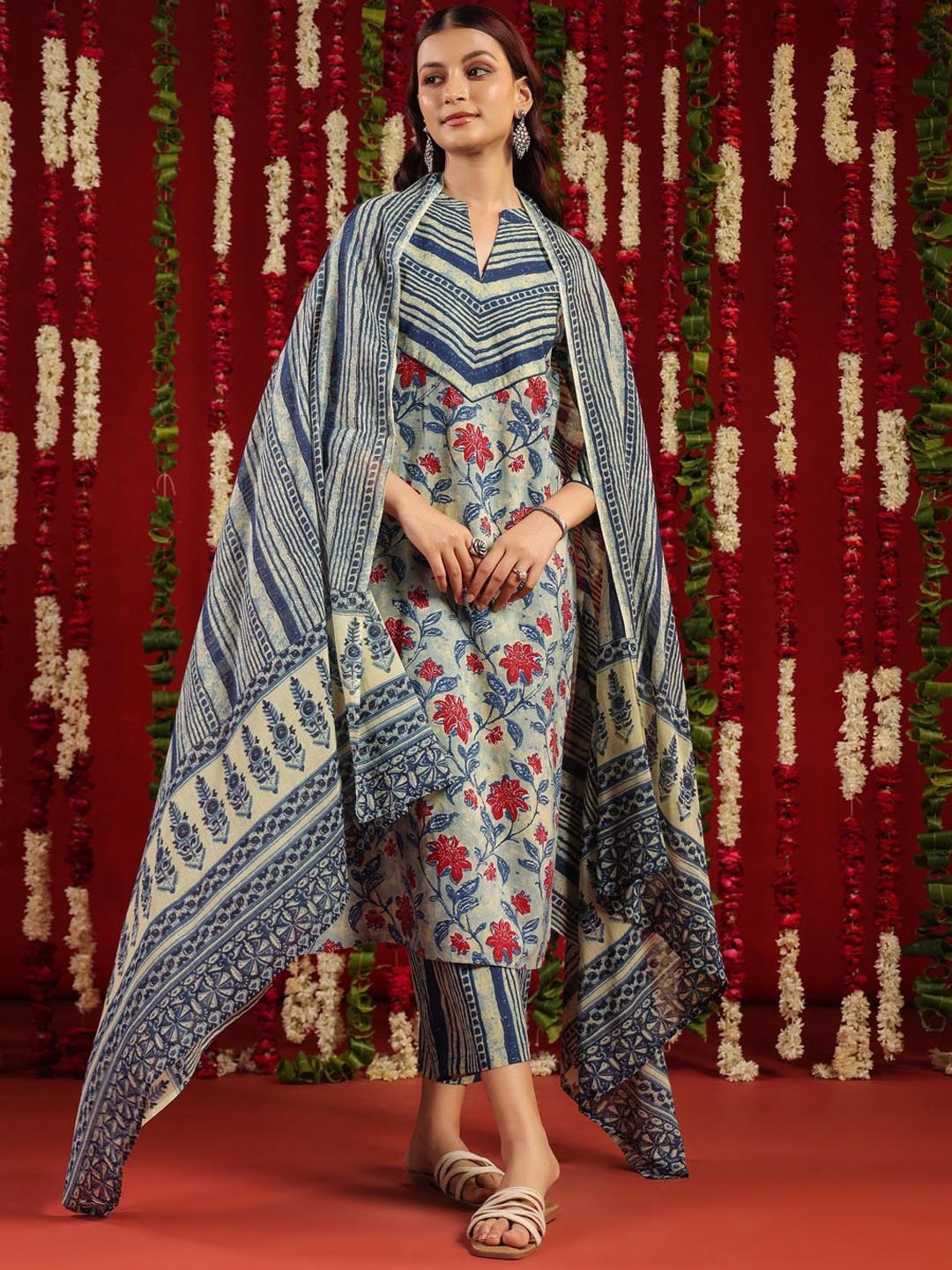 

anayna Blue & Red Floral Printed Mandarin Collar Pure Cotton Kurta with Trousers & Dupatta
