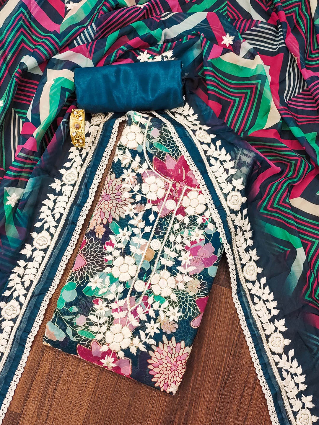 

MANVAA Floral Embroidered Beads and Stones Organza Unstitched Dress Material, Teal
