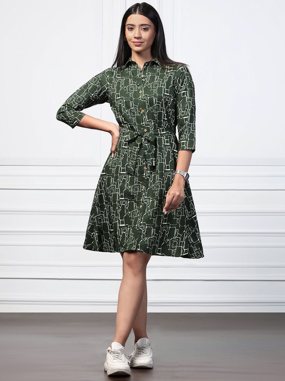 

BAESD Printed Cotton A-Line Shirt Dress, Green
