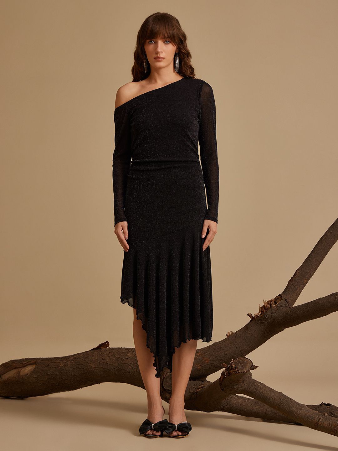 

Kazo Women Off-Shoulder Net A-line Midi Dress, Black